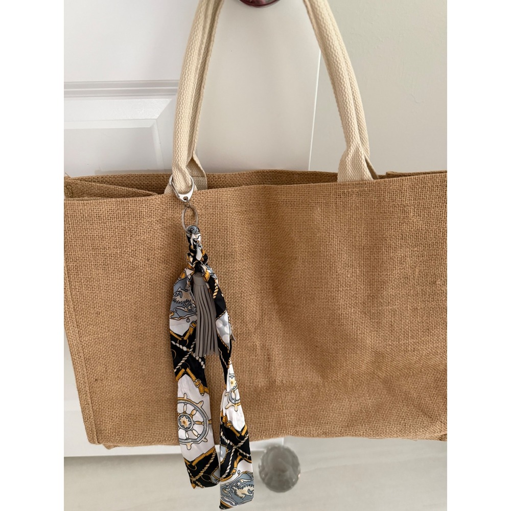 Hibala Jute Tote Bag Tan Woven Beach Shopper with Nautical Scarf Accessory